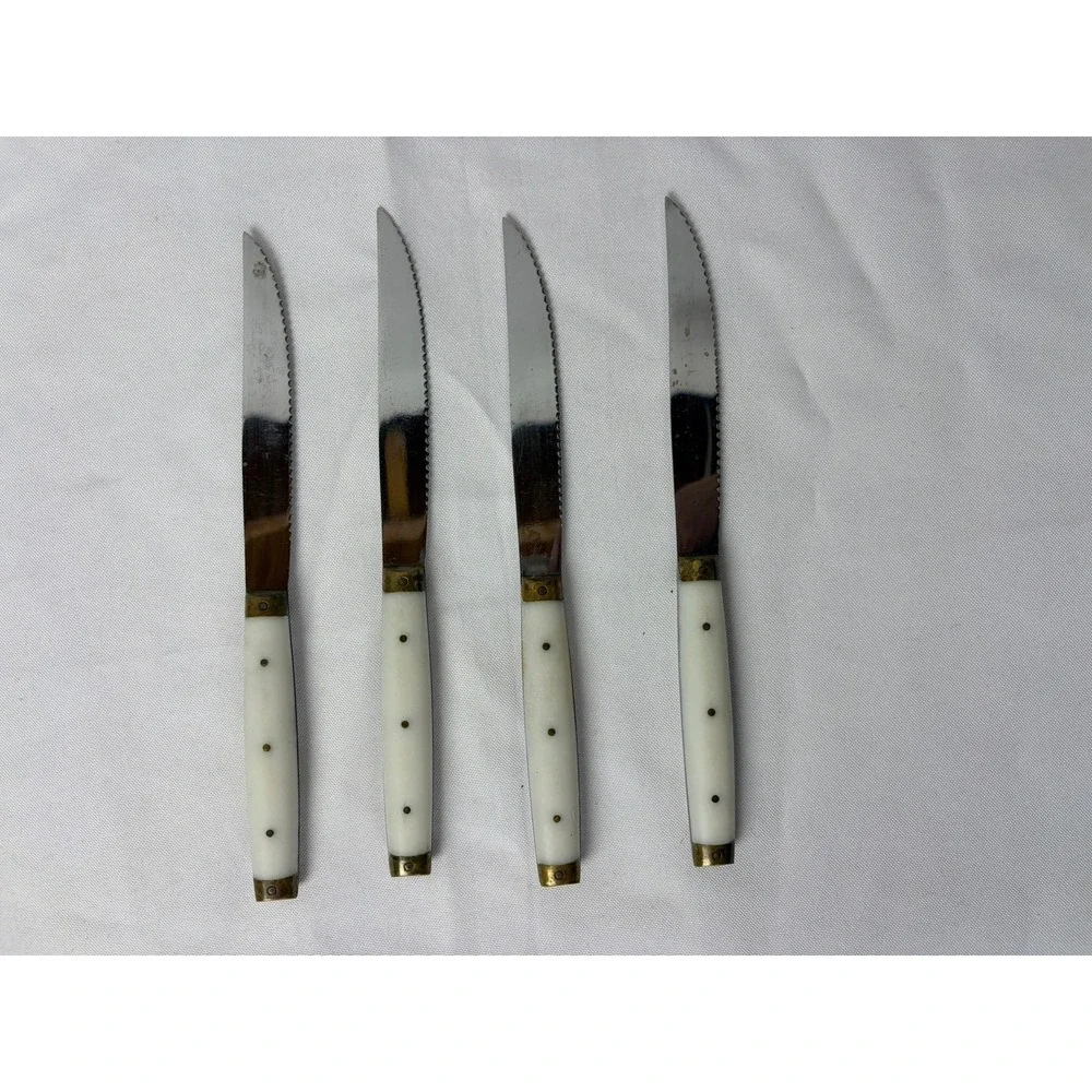 Vintage French Steak Knives Set of 4‎ Serrated Stainless Steel Cream Handles